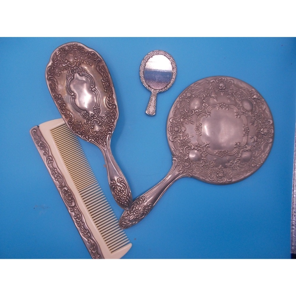 Vintage Silver Tone Ornate Floral Vanity Set Hand Mirror Brush Comb 4pc Set